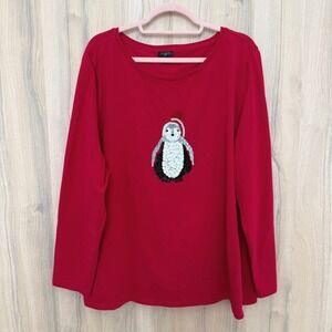 Talbots Womens Penguin Top‎ Size 3X Red Sequin Holiday Winter Long Sleeve Tee